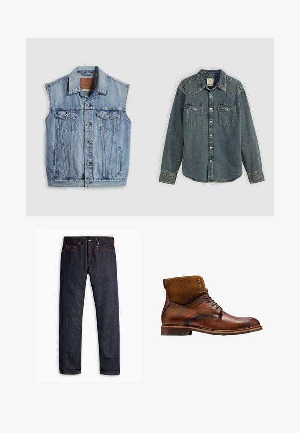 Chaleco vaquero en azul claro con cuello puntiagudo, cierre frontal con botones, dos bolsillos en el pecho y bolsillos laterales; cuenta con una etiqueta de cuero con la marca.; Camisa de denim de manga larga, con botones en la parte delantera, dos bolsillos en el pecho y un lavado azul oscuro. Presenta un cuello con puntas y costuras de contraste.; Vaqueros de denim azul oscuro con corte recto, diseño de cinco bolsillos, remaches de cobre, costuras amarillas y una tela texturizada distintiva.; Kazar ALID - Botines con cordones - brown
