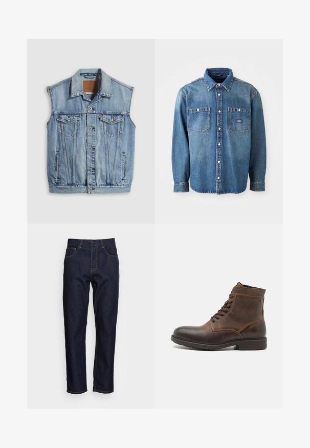 Denimvest i lyseblå med spidse krave, knapper foran, to brystlommer og sidelommer; har et lædermærke med mærket.; Denimskjorte i mellemblå, med spidse kraver, to brystlommer og sølvknapper. Lange ærmer med knapmanchetter.; Mørkeblå denimjeans med lige pasform, fem lommer og kontrasterende gul syning. Designet med en klassisk knap- og lynlåslukning.; Jack & Jones JFWDELANEY BOOT - Snørestøvletter - cognac