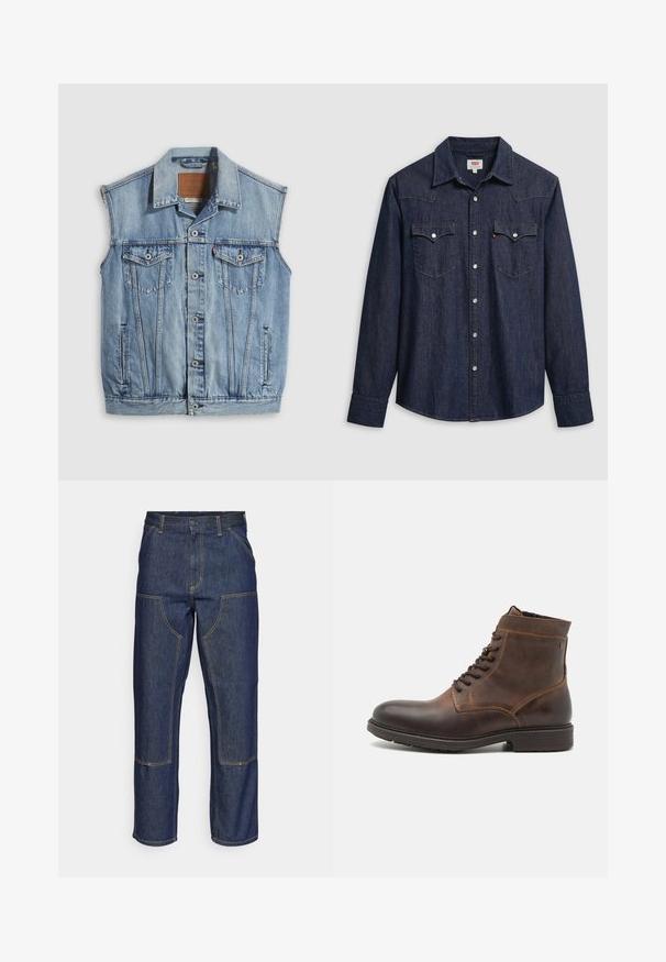 Denimvest in lichtblauw met een puntige kraag, knoopsluiting aan de voorkant, twee borstzakken en zijzakken; voorzien van een lederen merkpatch.; Donkerblauw denimhemd met een puntige kraag, drukknoopsluiting en borstzakken. Heeft stikseldetail en lange mouwen.; Donkerblauwe denim jeans met een hoge taille, rechte pijpen, contrasterende stiksels en opgestikte zakken aan de voorkant.; Jack & Jones JFWDELANEY BOOT - Veterboots - cognac