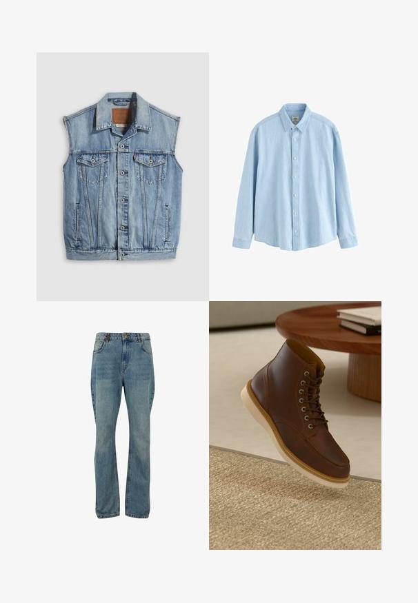 Denimvest in lichtblauw met een puntige kraag, knoopsluiting aan de voorkant, twee borstzakken en zijzakken; voorzien van een lederen merkpatch.; Lichtblauw denim overhemd met lange mouwen, knopen en kraag, medium maat, weergegeven tegen een witte achtergrond.; Lichtblauwe denim jeans met rechte pijpen, vijf-pocket ontwerp, knoop- en ritssluiting, en klassieke stikdetails.; Bruine leren enkelboot met beige zool op een gestructureerd beige vloerkleed naast een ronde houten tafel met opgestapelde boeken.