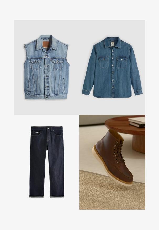 Denimvest i lyseblå med spidse krave, knapper foran, to brystlommer og sidelommer; har et lædermærke med mærket.; Blå denimskjorte med lange ærmer, knappet front, to brystlommer og krave. Har syningsdetaljer og en afslappet pasform.; Mørkeblå denimjeans med en klassisk lige pasform, der har fem lommer, knaplukning og op rullede manchetter, som viser en lys blå foring.; Brune læderankelstøvle med beige sål på et struktureret beige tæppe ved siden af et rundt træbord med stakke af bøger.