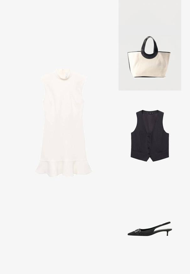 Dark gray pinstriped waistcoat with a V-neck, six front buttons, and two side pockets. Made of smooth fabric with a tailored fit.; White sleeveless dress with a high neck, featuring a flared hem and smooth texture. Simple design without patterns or visible hardware.; Black fabric slingback pump with pointed toe, featuring a decorative square buckle and a kitten heel. Smooth texture and minimalist design.; Beige canvas tote bag with black leather trim and rounded handles embossed with "SAMSOE SAMSOE" logo.