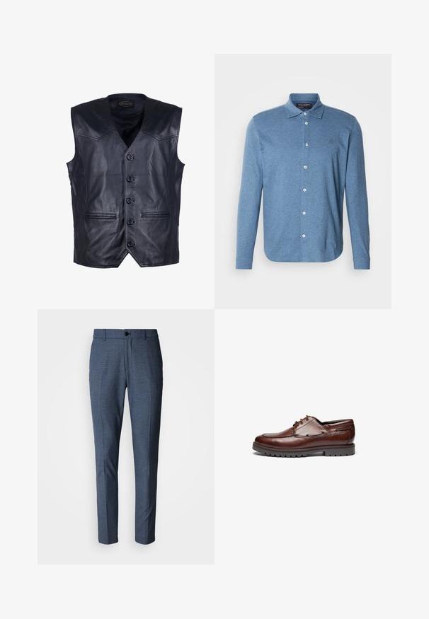 Zwart leren gilet met een V-hals, zes knopen aan de voorkant, twee voorzakken en een gladde, glanzende afwerking.; Blauw poloshirt met lange mouwen, gemaakt van gestructureerde stof, voorzien van een knoopsluiting aan de voorkant en een klein logo op de borst.; Op maat gemaakte broek van textuurblauwe stof, voorzien van een platte voorkant, zijzakken en een enkele knoopsluiting aan de tailleband.; Bruin lederen schoen met een ronde teen, vetersluiting, gewatteerde kraag en een gestructureerde zool voor grip. Accentstiksel langs de zijkanten.