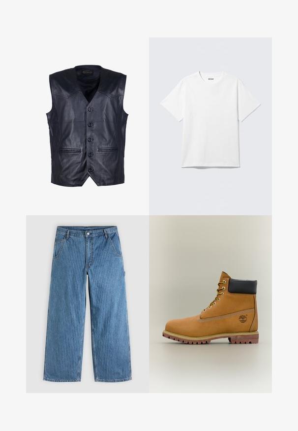 Sort lædervest med V-hals, seks knapper foran, to forlommer og en glat, skinnende overflade.; Hvid kortærmet crewneck T-shirt lagt fladt ud, ensfarvet design, med "WEEKDAY" mærkat inde i kraven på en lys baggrund.; Blå vidde jeans med tynde hvide lodrette nålestriber, forlommer, bæltestropper og knaplukning i taljen.; Brun læderankelstøvle med sort krave, gule snørebånd og tanfarvet sål. Har logo og hvide syninger som detalje. Robust ydersål med greb.