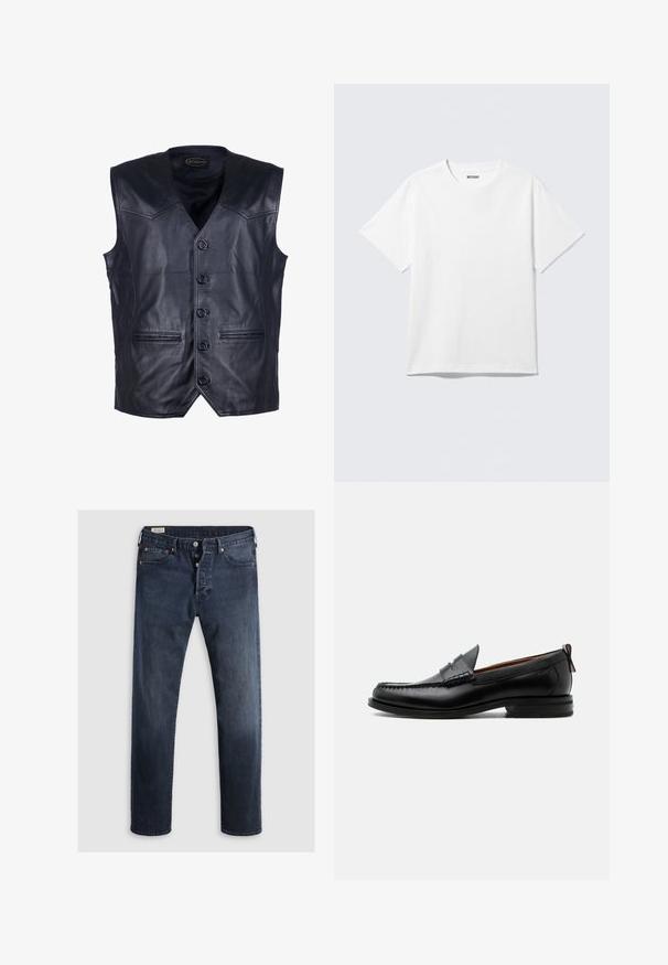 Zwart leren gilet met een V-hals, zes knopen aan de voorkant, twee voorzakken en een gladde, glanzende afwerking.; Witte T-shirt met korte mouwen en ronde hals, plat gelegd, effen ontwerp, met een "WEEKDAY" label in de kraag op een lichte achtergrond.; Donkerblauwe denim jeans met een rechte pijp, voorzien van een rits en metalen knopen, en koperen klinknagels. Gladde textuur, geen zichtbare patronen.; Zwarte leren herensloffen met moc toe stiksel, pennyriem, gestructureerde kraag en lage gestapelde hak op witte achtergrond.