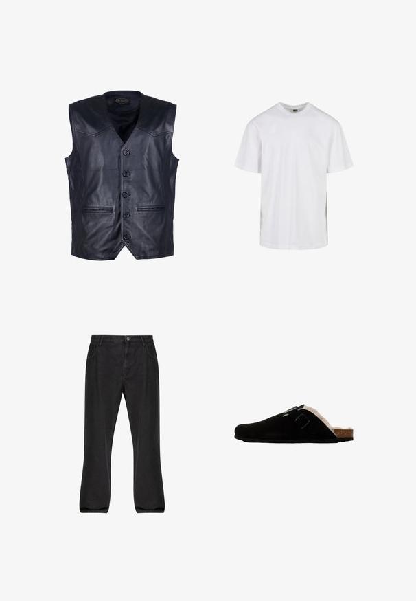 Sort lædervest med V-hals, seks knapper foran, to forlommer og en glat, skinnende overflade.; Plain hvid T-shirt med korte ærmer og rund hals med løs pasform, vist mod en hvid baggrund.; Sorte denimjeans med lige ben, fem lomme-design, knaplukning og en let falmet overflade.; Sort ruskindsklump med hvidt kunstpelsfoer, korkfodbed og justerbar sort spænde, med rund tå og tekstureret gummisål.