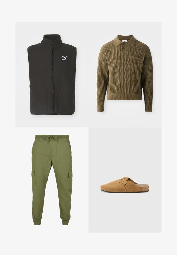 Musta fleece-liivi, jossa on korkea kaulus, kaksi etutaskua ja keskellä vetoketju. Vasemmassa rinnassa on valkoinen Puma-logo.; Neulepaita oliivinvihreänä, jossa on tekstuuri- ja kauluksellinen kaula. Kolme nappia edessä. Paidan hihoissa ja helmassa on ribbireunat.; Oliivinvihreät cargo-housut, jotka on valmistettu puuvillasta, joustavalla vyötäröllä, kiristysnyörillä ja sivutaskuilla käytännöllisyyden ja mukavuuden vuoksi.; Ruske kotsit, koje se jednostavno obuvaju, sa širokom trakom preko gornjeg dela, teksturisanom unutrašnjošću, i plutom srednjom podlogom. Ravna gumena spoljašnjost pruža prianjanje.