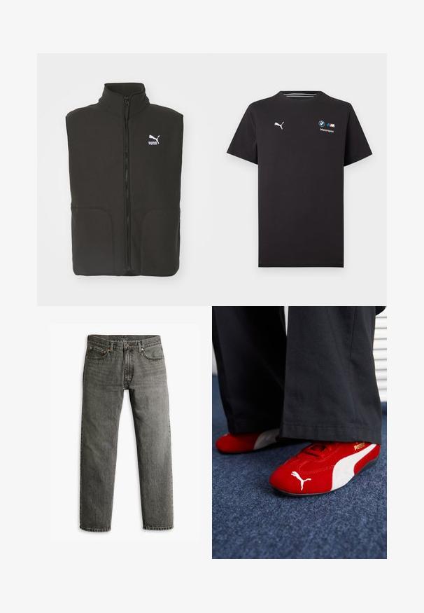 Zwarte fleece bodywarmer met een hoge kraag, twee voorzakken en een centrale rits. Heeft een wit Puma-logo op de linkerborst.; Zwart T-shirt met korte mouwen, met Puma-logo op de linkerborst en BMW Motorsport-logo op de rechterborst.; Grijze denim jeans met een recht model, klassieke vijf-pocket styling en subtiele stiksels op de naden en zakken.; Rode suède sneakers met witte accenten, met een textuurmateriaal, ronde neus en een gouden logo aan de zijkant, gedragen met zwarte broek.