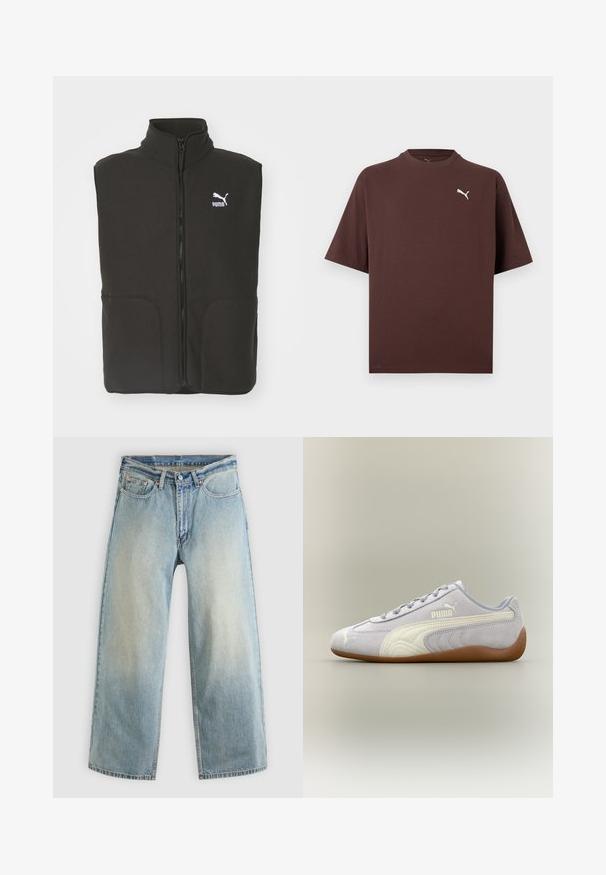 Zwarte fleece bodywarmer met een hoge kraag, twee voorzakken en een centrale rits. Heeft een wit Puma-logo op de linkerborst.; Bruine T-shirt met korte mouwen en ronde hals, met een klein wit Puma-logo op de linkerborst, tegen een witte achtergrond.; Lichtblauwe, wijde spijkerbroek met een verwaaide afwerking. Voorzien van een standaard ontwerp met vijf zakken en een metalen knoopsluiting.; Lichtgrijze Puma suède sneaker met witte streepdetail en rubberen zool, gezien vanaf de buitenkant tegen een neutrale achtergrond.