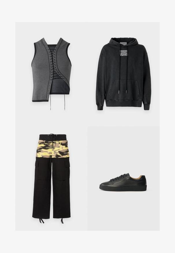Grå ærmeløs top med en snørelukning foran, sorte accenter og øskner, tekstureret stof og en asymmetrisk skæring.; Iceberg Hættetrøje - nero; Cargo bukser med et sort stof og en overdel med camouflage-mønster i nuancer af gul, grøn og brun; inkluderer justerbar talje.; Sorte lavtop lædersneakers med tekstureret overflade, sorte snørebånd og tyk gummisål, vist fra siden på en lys baggrund.