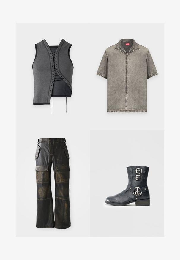 Grijze mouwloze top met een kanten voorkantontwerp met zwarte accenten en oogjes, textuurstof en een asymmetrische snit.; Korte mouwen, overhemd met knopen van vervaagde grijze denim, voorzien van een kraag en een rood Diesel-merklabel aan de binnenkant van de nek.; Zwarte leren cargobroeken met een versleten textuur, voorzien van grote zijzakken, een hoge taille en contrasterende stiksels over de naden.; Zwarte leren enkellaars met een afgeronde neus, twee gespsluitingen, zilverkleurige hardware-accenten en een lage gestapelde hak. Gestructureerde afwerking.
