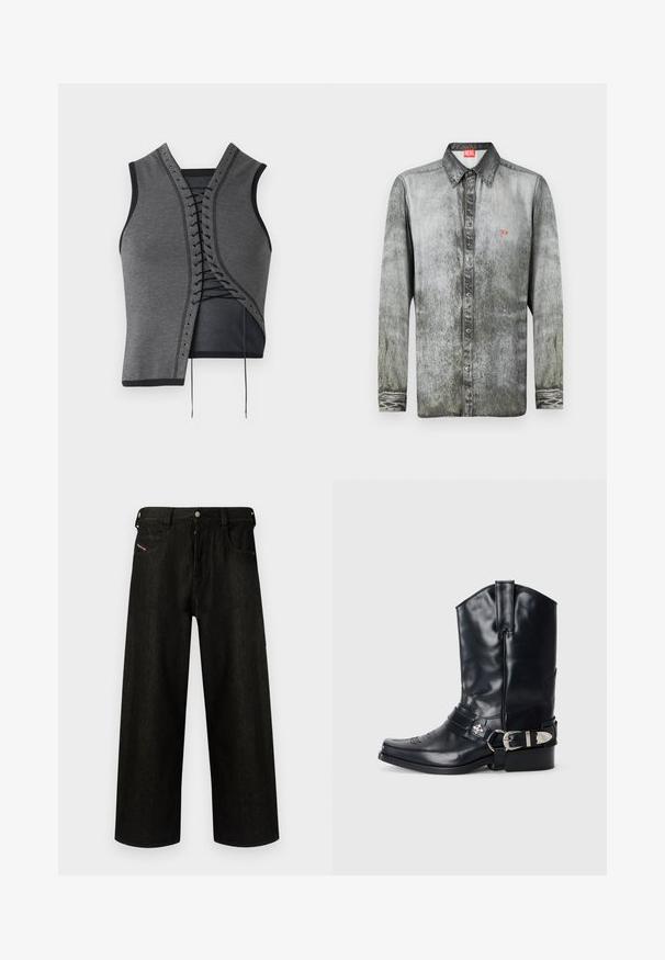 Grijze mouwloze top met een kanten voorkantontwerp met zwarte accenten en oogjes, textuurstof en een asymmetrische snit.; Langarmshirt van vervaagd grijs denim met een button-down kraag, voorzien van een klein rood logo op de borst en een gestructureerde stof.; Zwarte wijde spijkerbroek van denim, met een ritssluiting, vijf zakken en subtiele branding op de voorzak. Duurzame en gestructureerde stof.; Zwarte leren cowboylaars met een spitse neus, hoge schacht, decoratieve stiksels en zilveren gespsluiting op de band. Gestructureerde afwerking.