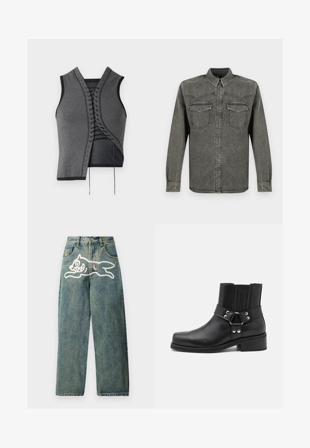 Grå ærmeløs top med en snørelukning foran, sorte accenter og øskner, tekstureret stof og en asymmetrisk skæring.; Langærmet sort vasket denimskjorte med knapper foran og klaplommer på brystet, vist mod en hvid baggrund.; Lyseblå denimjeans med en løs pasform, der har et stort hvidt kattegrafik på venstre ben og et traditionelt femlomme-design.; The Kooples CHAUSSURES - Cowboy- / bikerstøvlette - black