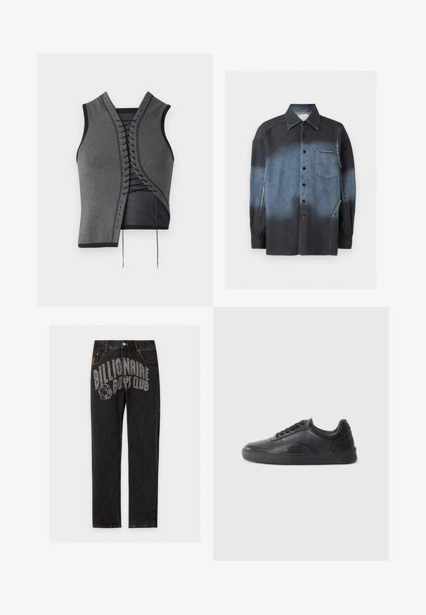 Grå ærmeløs top med en snørelukning foran, sorte accenter og øskner, tekstureret stof og en asymmetrisk skæring.; Skjorte med knapper og lange ærmer med gradient fra sort til denimblå farve, brystlomme med synligt mærke og synlige sømdetaljer.; Sorte cowboybukser med grå "Billionaire Boys Club" tekst og astronaut-hjelmgrafik på forsiden af det øverste lår.; Sorte lædersneakers med en glat finish, rund tå, struktureret sidelæder og sorte snørebånd. Har en flad gummisål og et minimalistisk design.