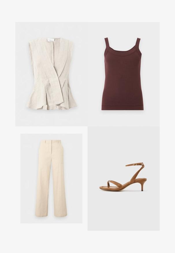 Veste sans manches en lin beige avec un profond col en V, coutures structurées et ourlet évasé, étiquetée "Marella" au niveau de l'encolure.; Débardeur brun côtelé sans manches avec encolure carrée et logo brodé discret au centre devant.; Pantalon beige taille haute à jambes larges avec passants pour ceinture et détails de coutures, présenté à plat sur un fond gris clair.; Sandale en cuir marron avec lanières, talon bas en forme de petit escarpin et bride à la cheville avec une petite boucle, vue de côté sur un fond uni.