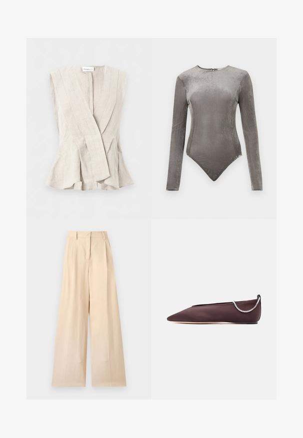 Veste sans manches en lin beige avec un profond col en V, coutures structurées et ourlet évasé, étiquetée "Marella" au niveau de l'encolure.; Bodysuit à manches longues en velours gris doux, avec un col rond, une coupe ajustée et une fermeture à pression à l'arrière. Texture lisse, design minimaliste.; Pantalon beige taille haute à jambes larges avec passants de ceinture et fermeture éclair devant sur un fond uni clair.; Chaussure plate marron foncé à bout pointu avec un petit talon et un détail chaîne en strass argentée à l'arrière.