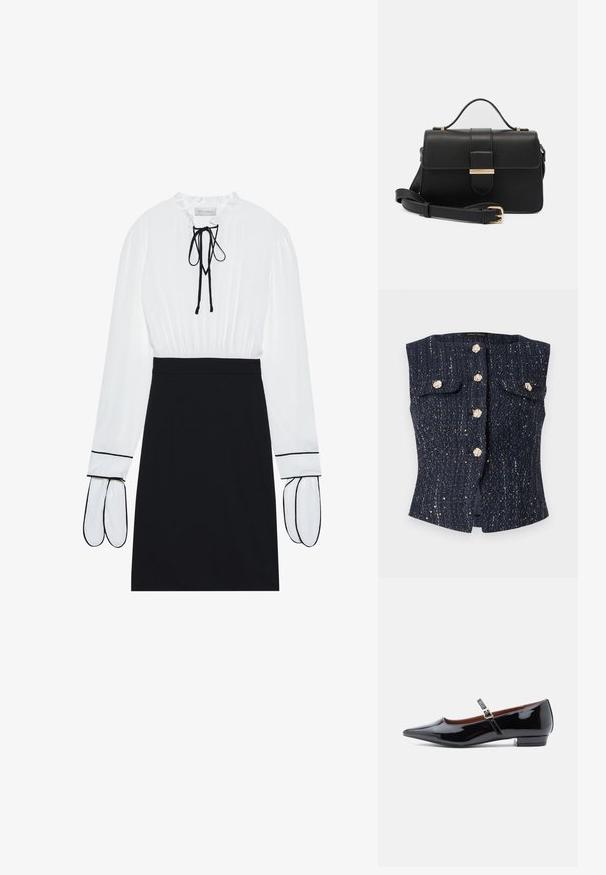 Gilet sans manches texturé bleu marine avec des boutons floraux ton or, deux poches à rabat, et des détails discrets en fil métallique.; Blouse blanche avec un col froncé et un cordon de serrage ; jupe noire ajustée avec des passepoils blancs contrastants sur les manches. Texture de tissu lisse.; Escarpin Mary Jane en cuir verni noir avec bout pointu et petit talon, doté d'une sangle ajustable avec boucle dorée.; Sac à main en cuir noir avec des accents métalliques dorés, forme rectangulaire, fermeture à rabat, bandoulière réglable, texture lisse, design minimaliste.