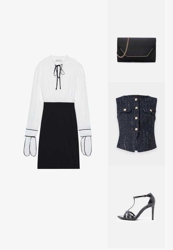 Gilet sans manches texturé bleu marine avec des boutons floraux ton or, deux poches à rabat, et des détails discrets en fil métallique.; Blouse blanche avec un col froncé et un cordon de serrage ; jupe noire ajustée avec des passepoils blancs contrastants sur les manches. Texture de tissu lisse.; Sandale à talons hauts en cuir verni noir avec des fines lanières, design en T, fermeture à boucle et silhouette élégante et courbée.; Pochette noire au toucher lisse, dotée d'une chaîne en or et d'une fermeture à rabat géométrique rehaussée de doré.