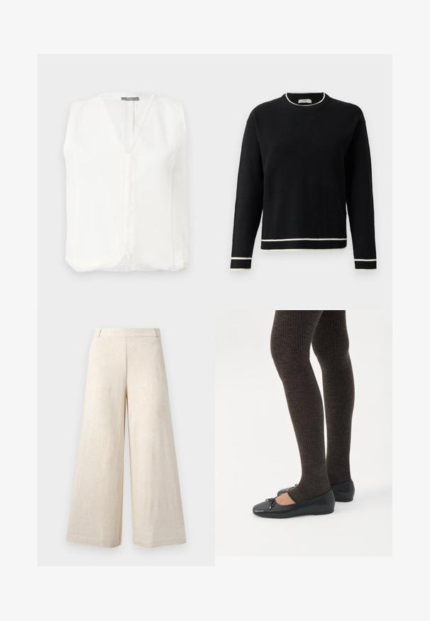 Blouse blanche sans manches avec un décolleté en V, dotée d'un ourlet à franges sur les bords et d'une fermeture éclair centrale. Tissu lisse et léger.; Pull noir à manches longues avec col rond, orné de détails blancs au col, aux poignets et à l'ourlet, présenté sur un fond blanc uni.; Pantalon beige à jambes larges avec passants de ceinture, taille haute et coupe droite ample, confectionné dans un tissu texturé.; Jambes portant des leggings côtelés foncés associés à des ballerines noires avec de petits détails en nœud sur fond blanc.