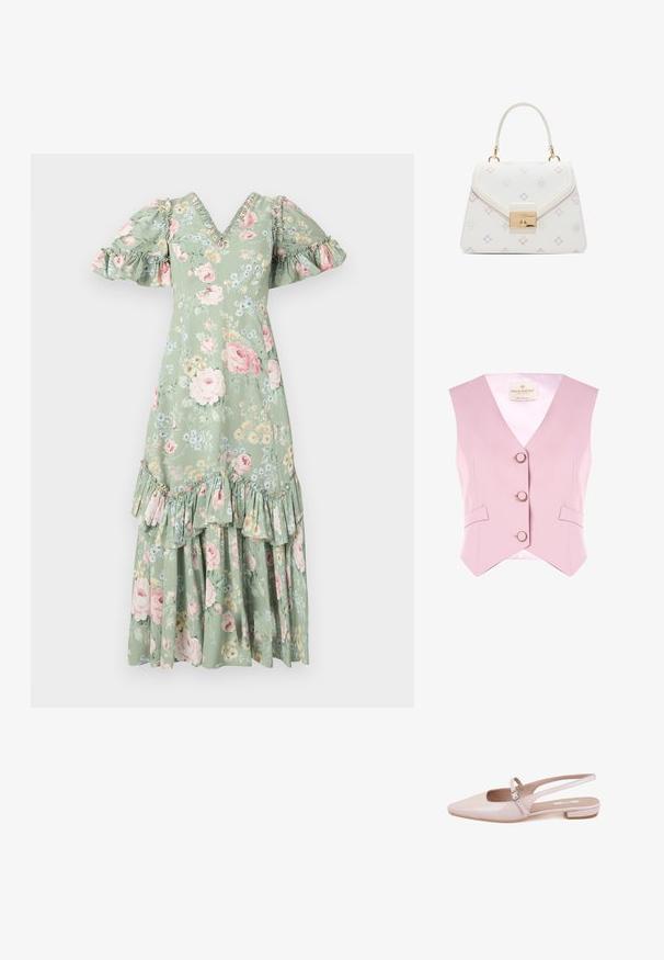 Lichtroze mouwloos vest met een V-hals, drie ronde knopen en twee zijzakken. Gemaakt van een gladde stof met een satijnen voering.; Floral maxi-jurk in zacht groen met een V-hals, pofmouwen, ruches en een gelaagde zoom. Bevat roze rozen en kleine blauwe bloemen.; Desa Ballerina's - pink; Witte handtas met meerkleurige kleine ruit- en bloemmotieven, gouden gesp en een enkele bovenhandgreep.