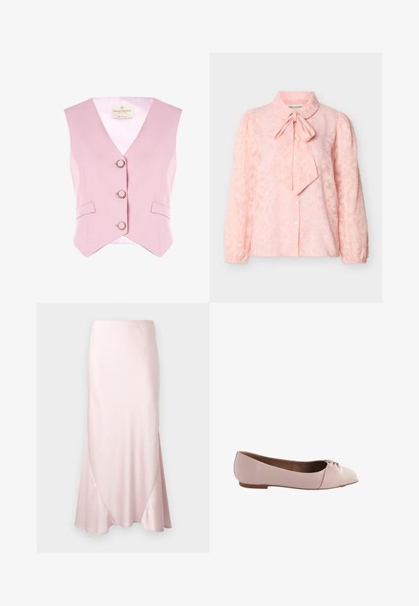 Lichtroze mouwloos vest met een V-hals, drie ronde knopen en twee zijzakken. Gemaakt van een gladde stof met een satijnen voering.; Lichtroze blouse met lange mouwen en een subtiel bloemmotief, knoopsluiting aan de voorkant, opgeblazen schouders en een strikboord.; Lichtroze satijnen midi-rok met een A-lijn silhouet en subtiele diagonale naaddetails op een effen achtergrond.; Lichtroze balletflat gemaakt van glad materiaal, met een ronde neus en een klein geknoopt detail op de bovenkant. Platte zool.