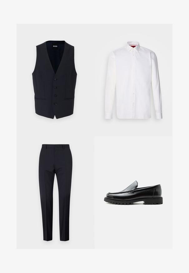 Chaleco navy con diseño de escote en V, que cuenta con seis botones y dos bolsillos laterales, fabricado con una tela suave y ligera.; Camisa blanca de manga larga hecha de algodón, con un collar clásico, placket frontal con botones y una textura suave. Detalle interior del collar en rojo.; Pantalones de traje en color navy, de tiro plano, corte slim, con trabillas para cinturón y bolsillos laterales. Tejido suave con un acabado nítido, sin patrones ni acentos visibles.; Mocasín de cuero negro con suela de goma gruesa, empeine cosido y nombre de la marca en relieve en el talón, mostrado en perfil lateral sobre fondo blanco.