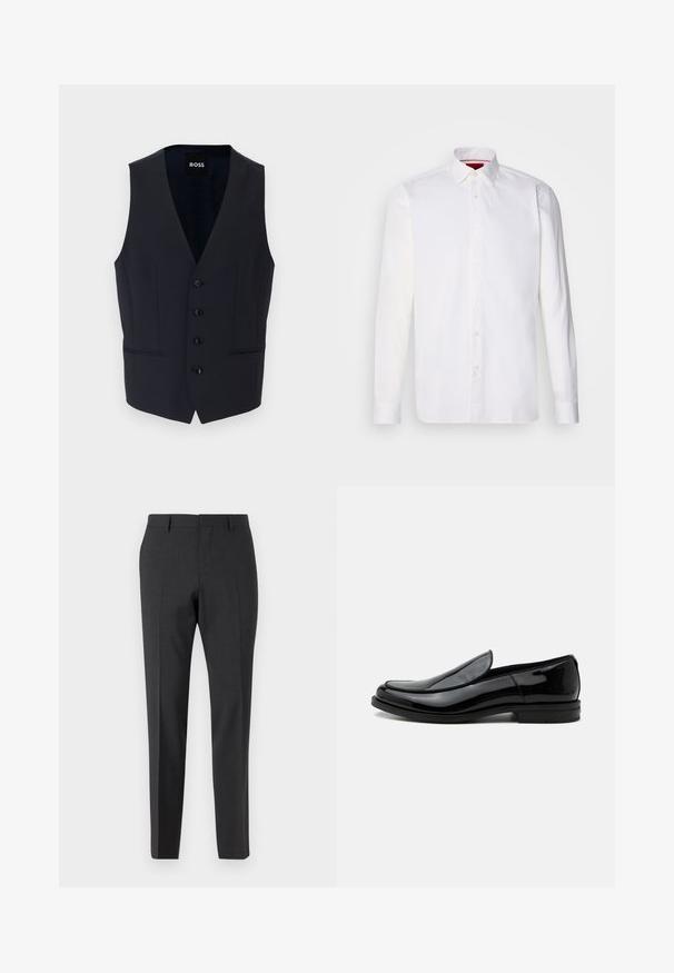 Chaleco navy con diseño de escote en V, que cuenta con seis botones y dos bolsillos laterales, fabricado con una tela suave y ligera.; Camisa blanca de manga larga hecha de algodón, con un collar clásico, placket frontal con botones y una textura suave. Detalle interior del collar en rojo.; Pantalones tailored en gris oscuro con una textura suave, de corte ajustado, frente plano y pasadores para cinturón, diseñados para atuendos formales o de negocios.; Zapato de vestir negro de piel brillante tipo slip-on con tacón bajo y punta redondeada, visto de lado sobre un fondo blanco liso.