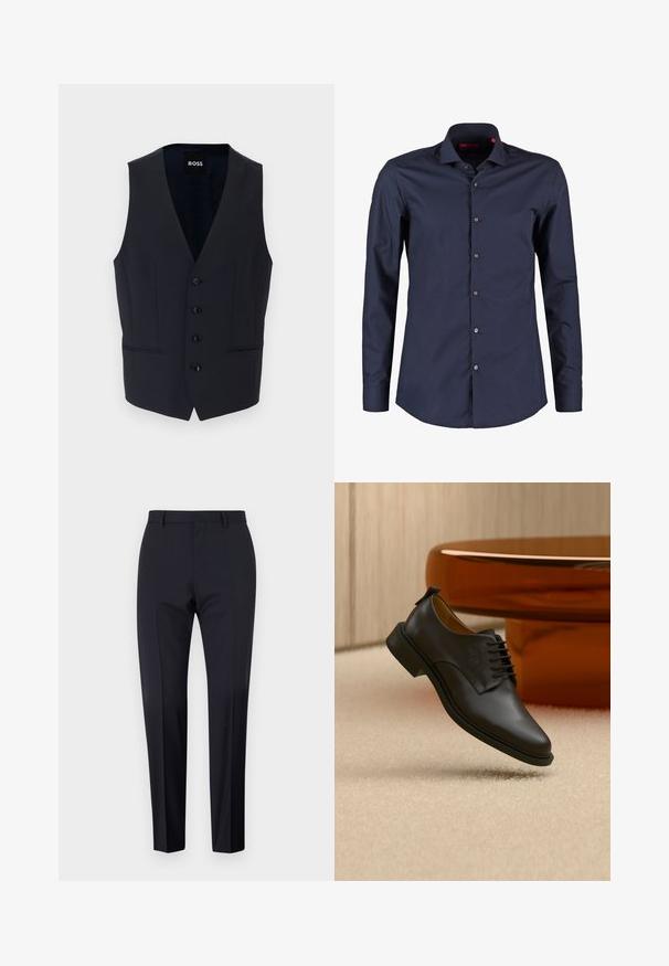 Marineblauw vest met een V-hals ontwerp, voorzien van zes knopen en twee zijzakken, gemaakt van een gladde, lichte stof.; Navy blauwe langearmige shirt van glad katoen, met een standaard kraag, knopen aan de voorkant en een aansluitend ontwerp.; Marineblauwe op maat gemaakte broek, met platte voorkant, slim fit, voorzien van riemlussen en zijzakken. Gladde stof met een frisse afwerking, zonder zichtbare patronen of accenten.; Zwarte leren nette herenschoen met veters die boven een beige tapijt zweeft, met een bruine ronde salontafel op de achtergrond.
