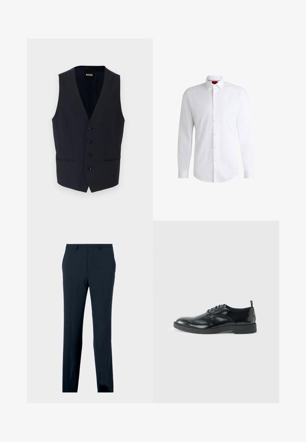 Mørkeblå vest med V-halsdesign, der har seks knapper og to sidelommer, lavet af et glat, let stof.; Hvid skjorte med knapper lavet af glat stof med klassisk krave, lange ærmer og rundet kant. Har beige knapper foran.; Marineblå formelle bukser med bæltestropper, forlommer og lige ben, præsenteret på en neutral baggrund.; Blank sort læder dresssko med lav hæl, snørelukning og rund tå, vist fra siden på ensfarvet lys baggrund.