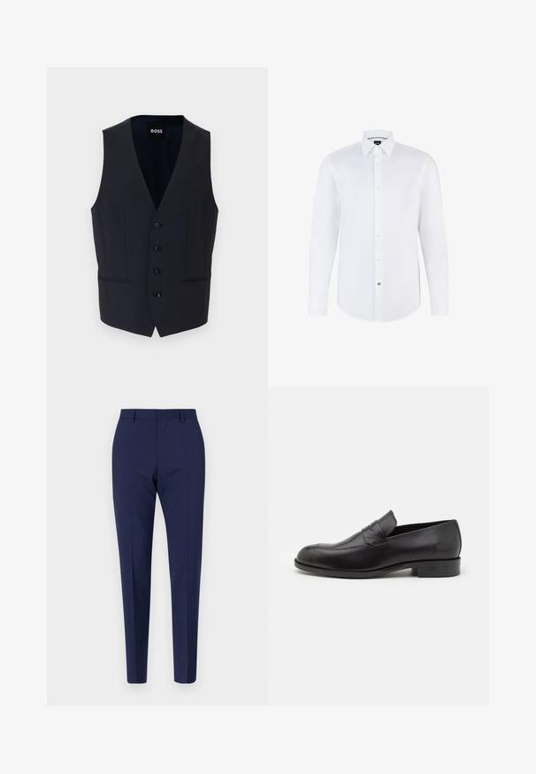Chaleco navy con diseño de escote en V, que cuenta con seis botones y dos bolsillos laterales, fabricado con una tela suave y ligera.; Camisa blanca de manga larga hecha de una tela suave, con cierre de botones en la parte delantera, cuello puntiagudo y dobladillo curvado. Acento notable de botón de marca.; Pantalones azul marino a medida con un ajuste slim, que presentan una textura suave, frente plano y piernas con plisados. Sin bolsillos visibles ni adornos.; Mocasines de cuero negro con punta redondeada y detalles de costura sutiles. Textura suave y tacón bajo con marca en la parte trasera.