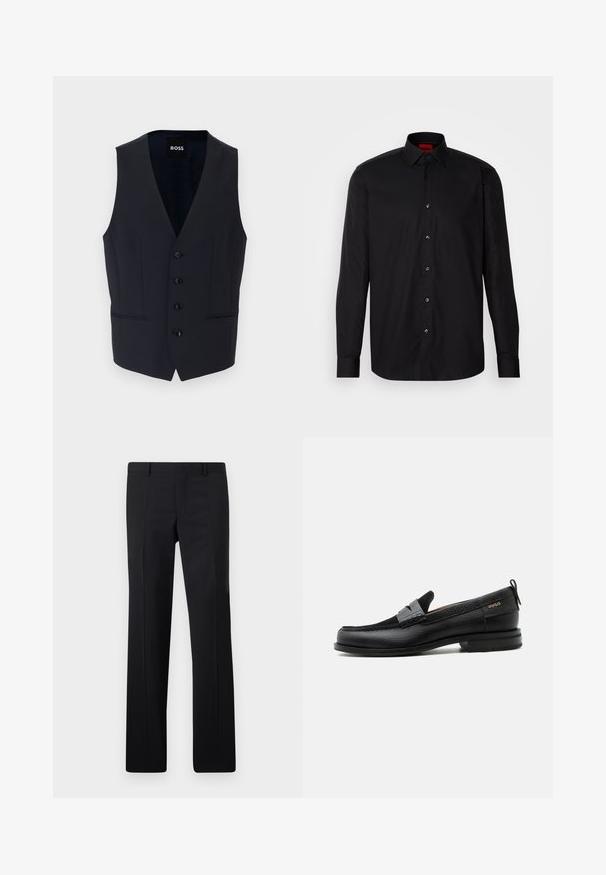 Chaleco navy con diseño de escote en V, que cuenta con seis botones y dos bolsillos laterales, fabricado con una tela suave y ligera.; Camisa negra de manga larga hecha de una tela suave, con un cuello clásico con tapa, cierre frontal de botones y un ajuste entallado.; Pantalones negros ajustados con un diseño de pierna recta, pliegues marcados y un acabado suave. Fabricados en tejido ligero con una cintura limpia.; Mocasín de cuero negro con detalle de tira gris, tacón bajo y suela texturizada, con la marca "HUGO" en oro en el lateral.
