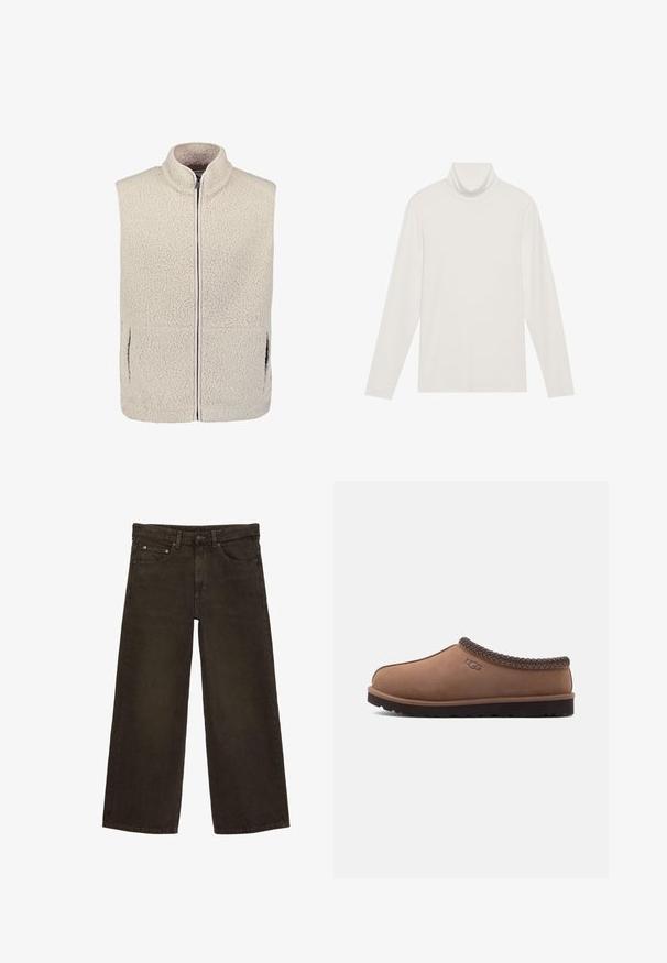 Crèmekleurig getextureerd fleece vest met opstaande kraag, rits aan de voorkant en zijzakken.; Langsleeve turtleneck top in het wit. Zacht, rekbaar materiaal met een aansluitende pasvorm. Heeft een hoge hals en minimale naaddetails.; Bruine wijduitlopende spijkerbroek met voorzakken, riemlussen, knoop- en ritssluiting.; Bruine suède instapschoen met een geweven bovenrand, afgeronde neus en een getextureerde donkere rubberen zool. Geëmboste logo aan de zijkant.