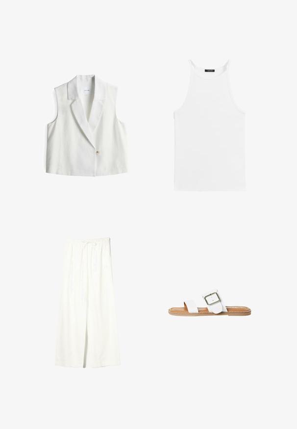 Witte mouwloze vest met een notch-kraag, sluiting met één knop en een gladde textuur. Label zichtbaar in het kraaggebied.; Witte mouwloze tanktop met dunne bandjes en een hoge halslijn, plat gelegd op een witte achtergrond.; Witte linnen broek met brede pijpen, elastische tailleband en trekkoord, voorzien van zijzakken en een voorste split.; Witte schuifsandalen met een verstelbare gesp, platte brown zool en decoratieve zilveren studs langs de rand. Gladde lederen textuur.