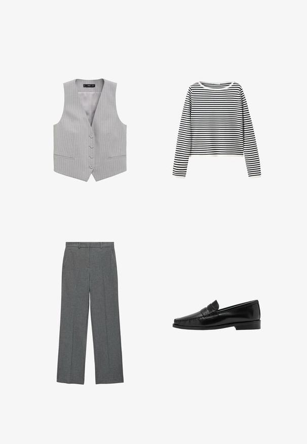 Grijs gestreepte vest met een V-hals, vijf knopen aan de voorkant en twee zakken aan de voorkant; gemaakt van een gladde stof met een lichte textuur.; Langarmshirt met zwart-witte horizontale strepen en een ronde hals op een effen witte achtergrond.; Grijze op maat gemaakte broek met een recht model, platte voorkant en zijzakken. De stof heeft een subtiele textuur. Geen zichtbare hardware-details.; Zwarte leren loafers met een gestikte teenontwerp en een lage hak. Het bovenwerk heeft een decoratieve band. Gladde, glanzende oppervlaktestructuur.