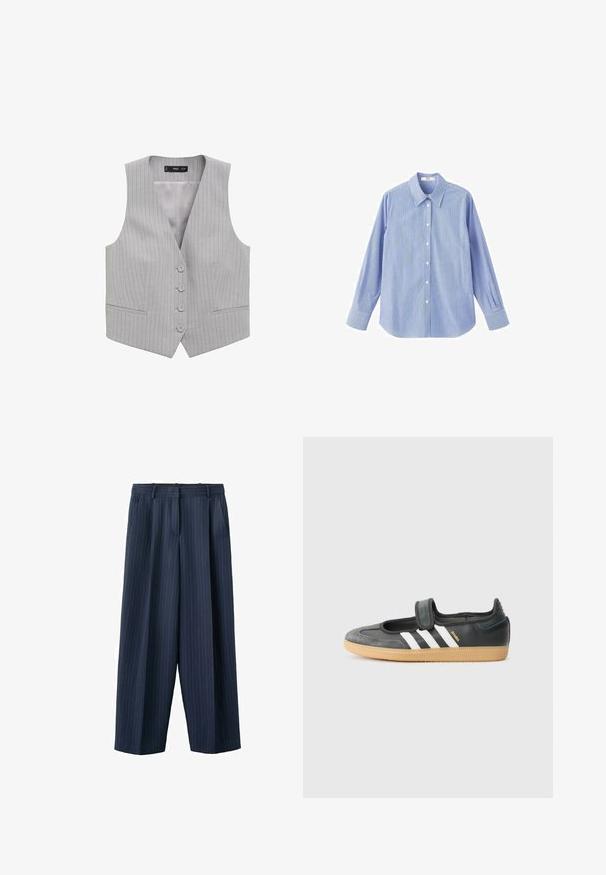Grijs gestreepte vest met een V-hals, vijf knopen aan de voorkant en twee zakken aan de voorkant; gemaakt van een gladde stof met een lichte textuur.; Blauw-wit gestreept overhemd met knopen, lange mouwen, een puntige kraag en geruite manchetten, gemaakt van lichtgewicht stof.; Marineblauwe wijde broek met krijtstreep, voorzien van lussen voor een riem en zijzakken, met een frontplooi en ritssluiting.; Zwarte leren en suède sneaker met een klittenbandsluiting, voorzien van drie witte strepen en een gumzool, met de naam "SAMBA" aan de zijkant.