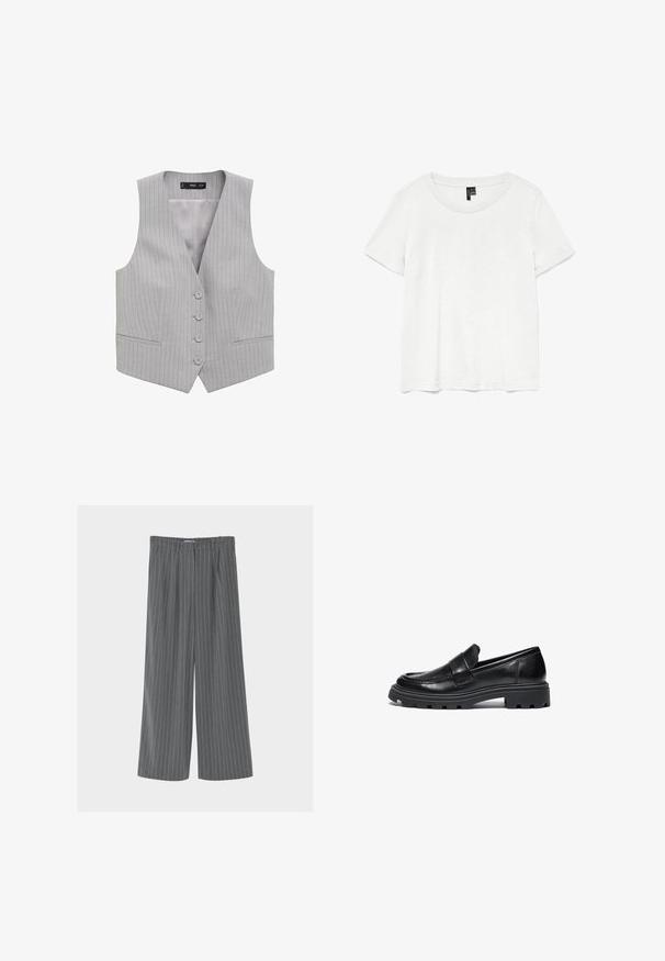 Grijs gestreepte vest met een V-hals, vijf knopen aan de voorkant en twee zakken aan de voorkant; gemaakt van een gladde stof met een lichte textuur.; Witte t-shirt met korte mouwen en een ronde hals, gemaakt van lichte stof. Eenvoudig ontwerp, gladde textuur en rechte zoom.; Grijze broek met wijde pijpen, witte verticale krijtstreepjes, lussen voor een riem en plooien aan de voorkant, afgebeeld tegen een effen achtergrond.; Zwarte leren instappers met een ronde neus, gestikte details en een stevige rubberen zool met een gestructureerd loopvlak.
