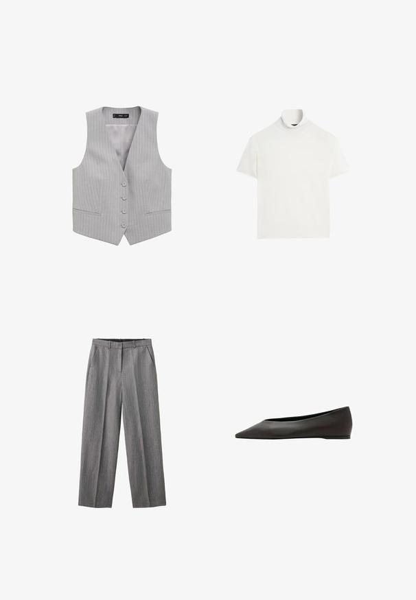 Grijs gestreepte vest met een V-hals, vijf knopen aan de voorkant en twee zakken aan de voorkant; gemaakt van een gladde stof met een lichte textuur.; Witte turtleneck met korte mouwen en een hoge kraag, weergegeven op een effen witte achtergrond.; Grijze geruite broek met rechte pijpen, riemlussen en zijzakken, ontworpen voor formeel of kantoorgebruik.; Zwarte platte schoen met puntige neus, een lage hak en een glad leren bovenzijde, zijaanzicht op een witte achtergrond.