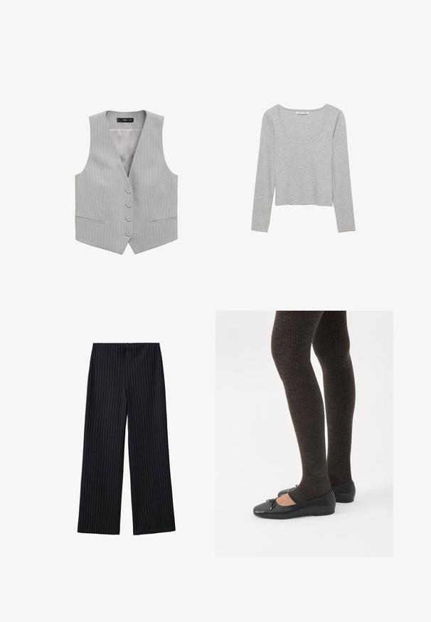 Grijs gestreepte vest met een V-hals, vijf knopen aan de voorkant en twee zakken aan de voorkant; gemaakt van een gladde stof met een lichte textuur.; Grijs langemouwen top van zachte katoen met een ronde halslijn en een cropped ontwerp, met een gladde textuur en zonder extra patronen.; Zwarte wijde pijpen broek met krijtstreep, een gladde textuur en een hoge tailleband. De stof heeft een subtiele glans en valt losjes.; Benen met donkere geribbelde leggings gecombineerd met zwarte ballerina's met kleine strikdetails op een witte achtergrond.