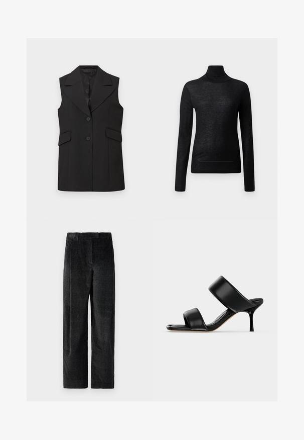 Sort ærmeløs vest med en skarp krave, to knapper og to forlommer. Lavet af glat stof med en skræddersyet pasform.; Sort langærmet turtle neck top lavet af letvægtsstof, med en tætsiddende design og minimale sømdetaljer, velegnet til lagdeling.; Sorte, strukturerede bredbenede bukser med en markant vævning, der har forfrits og en flad talje. Klassisk design for alsidighed.; Sort læder mule sandal med to brede remme og en slank mellemhøj stiletthæl på en ensartet lys baggrund.