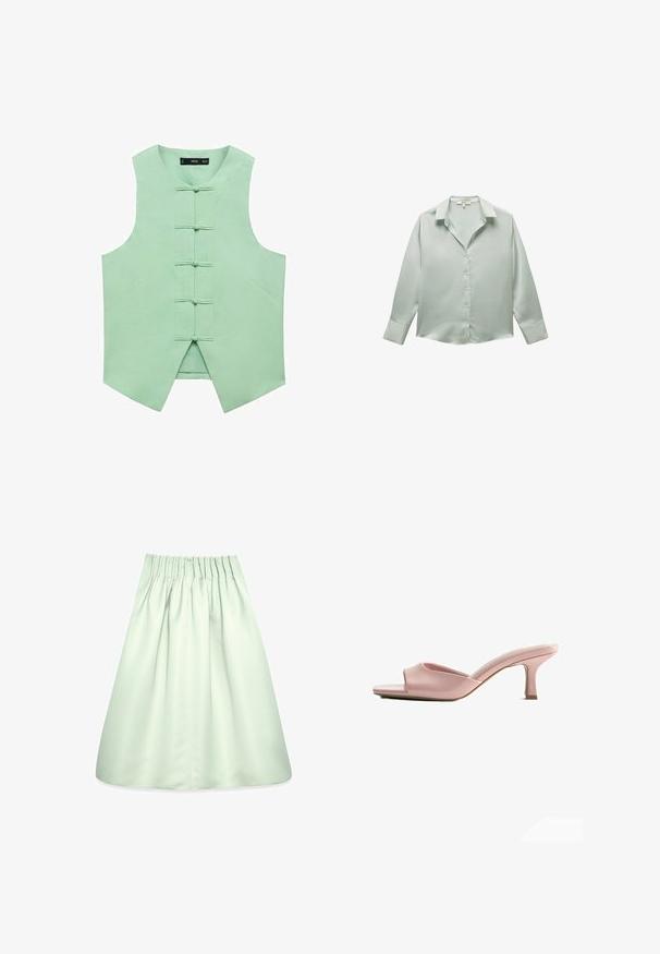 Mintgrøn ærmeløs vest med høj krave, der har fem fronttoggle og vinklede sidesømme for et skræddersyet look. Glat, vævet stof.; Lys grøn, langærmet bluse lavet af glat stof. Har en klassisk krave og knapper ned foran, med manchetter på ærmerne.; Lys grøn, knælængde nederdel med elastisk talje, der har et blødt, glat stof og en samlet design for en afslappet pasform.; Åben-tået pink lædermule med lav, slank midthæl og let polstret fodseng.