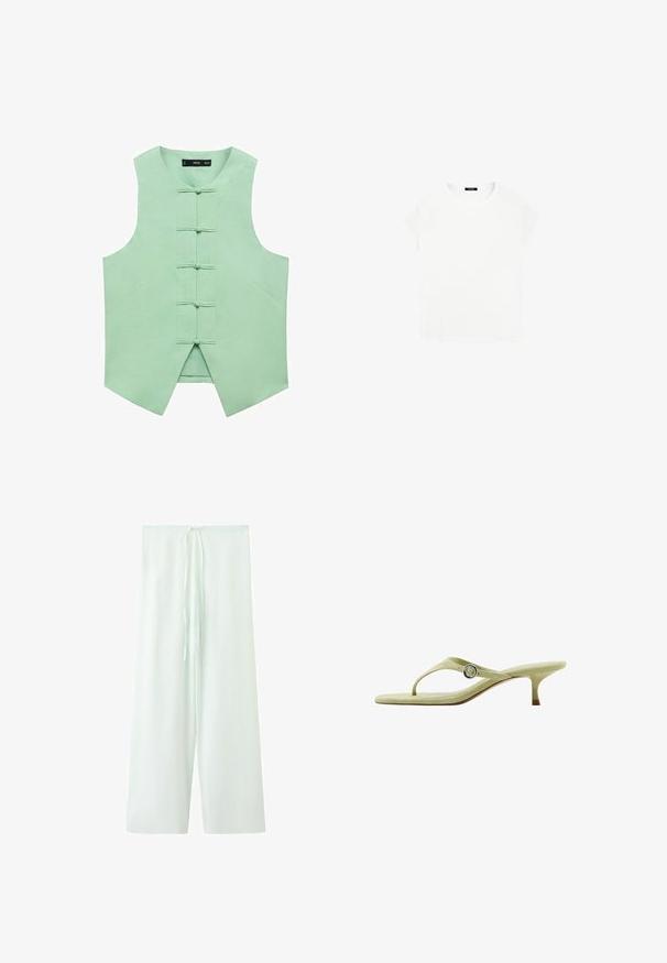 Muntgroene mouwloze vest met een hoge kraag, voorzien van vijf voorste toggles en schuin gesneden zijnaad voor een op maat gemaakte look. Gladde, geweven stof.; Witte katoenen T-shirt met een ronde halslijn en korte mouwen. Eenvoudig ontwerp, geen patronen of accenten. Zachte, gladde textuur.; Witte broek met wijde pijpen en een trekkoord in de taille, gemaakt van lichtgewicht stof, getoond op een effen achtergrond.; Lichtgroene kittenhak teensandaal met een zilveren gesp op het zijriempje, gezien vanaf de zijkant tegen een witte achtergrond.