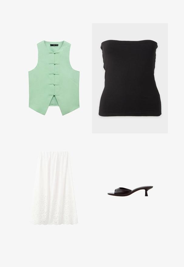 Mintgrøn ærmeløs vest med høj krave, der har fem fronttoggle og vinklede sidesømme for et skræddersyet look. Glat, vævet stof.; Sort stropløs tube top med en tætsiddende silhuet og enkel, glat stoftekstur.; Hvid midinederdel med elastisk talje og blomsterbroderi med hulmønster langs den takkede kant.; Sort mule sandal med åben tå, lav buet hæl og en glat læderoverdel mod en hvid baggrund.