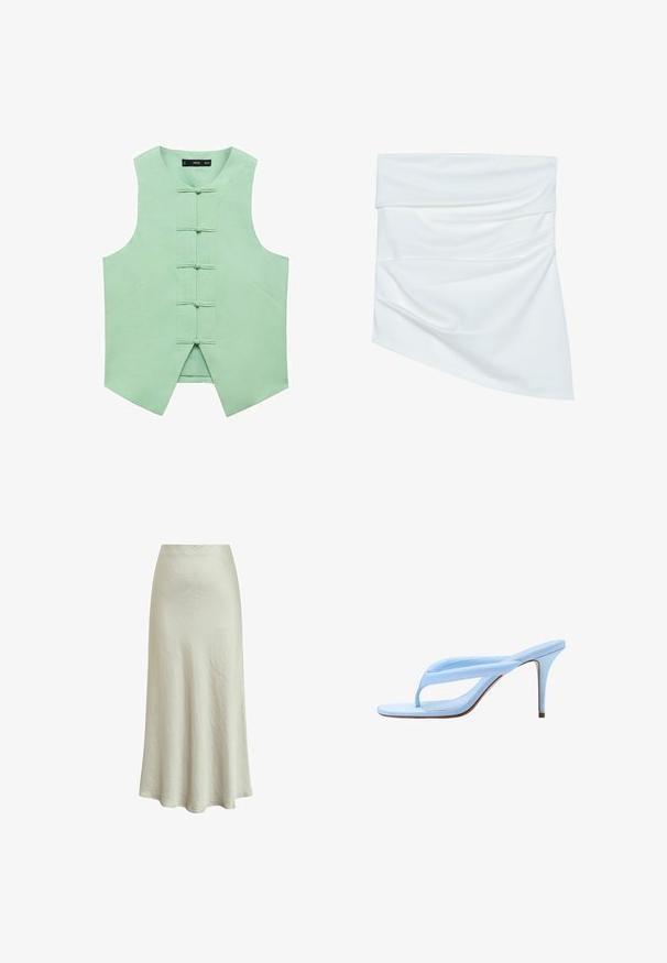 Chaleco sin mangas en verde menta con un alto cuello, que cuenta con cinco toggles en la parte frontal y costuras laterales angulares para un look entallado. Tejido suave y tejido.; Mini falda de tela blanca con un diseño drapeado, que presenta una textura suave y una forma asimétrica, plegada en la cintura para un estilo adicional.; Falda larga de satén color marfil con una textura sutil y un dobladillo fluido.; Sandalia de tacón alto de color azul claro con suela delgada, tiras finas acolchadas y tacón de aguja rígido, mostrada de lado sobre fondo blanco.