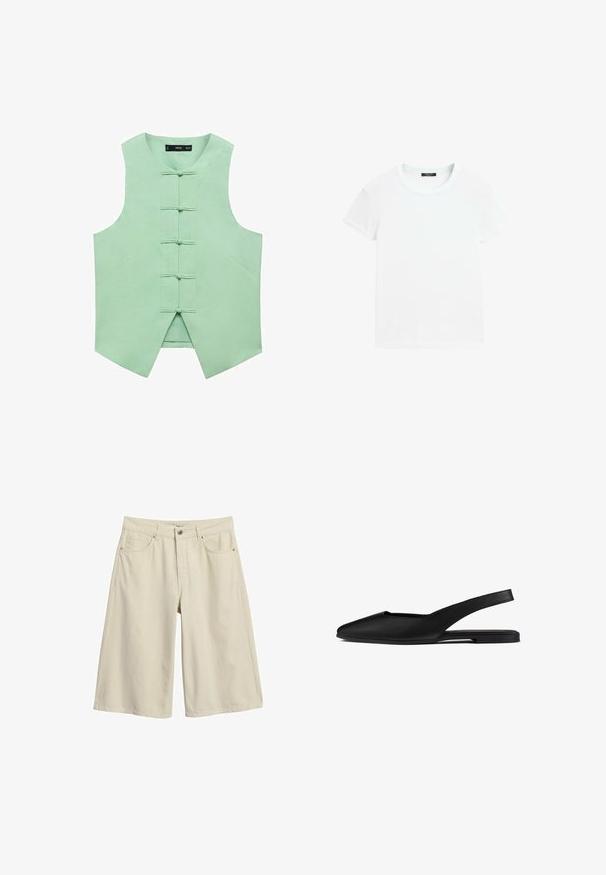 Mintgrøn ærmeløs vest med høj krave, der har fem fronttoggle og vinklede sidesømme for et skræddersyet look. Glat, vævet stof.; Hvid t-shirt med korte ærmer og rund halsudskæring, lagt fladt på en hvid baggrund.; Beige knælange denimshorts med forlommer, bæltestropper og lukning med metal knap.; Sorte læder slingback flade sko med spids tå, glat tekstur, åbne sider og et minimalistisk design. Flad sål for komfort.
