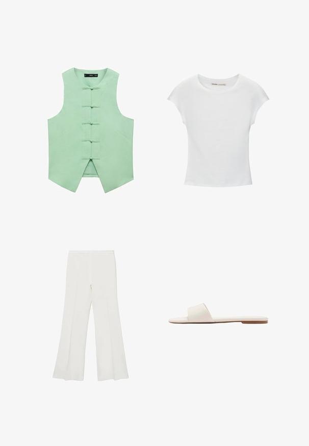 Mintgrøn ærmeløs vest med høj krave, der har fem fronttoggle og vinklede sidesømme for et skræddersyet look. Glat, vævet stof.; Hvid bomuld t-shirt med korte, opsmøgede ærmer, rund halsudskæring og lige kant. Glat tekstur uden synlige mønstre eller detaljer.; Hvide flagrende bukser med en glat tekstur og rene linjer, udstyret med en mellemhøj talje og uden synligt hardware eller mønstre.; Flad hvid slide-sandal med bred enkeltrem og tynd brun sål, vist i sideprofil på hvid baggrund.