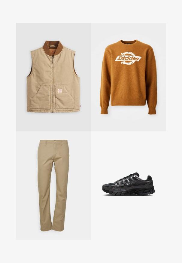 Beige ærmeløs lynlåsvest med brun ribbet krave og to frontlommer, der har et lille mærke på den højre lomme.; Brun strikket sweater med et hvidt "Dickies" logo på fronten. Klassisk rund halsudskæring og ribbede manchetter og kant. Blød tekstur.; Beige chinos med lige ben, der har knaplukning, bæltesløjfer og en glat bomuldsstoftekstur.; Sorte løbesko med mesh og syntetisk overdel, der har en struktureret sål, fremtrædende sort Nike-swoosh og forstærket tåbeskyttelse.