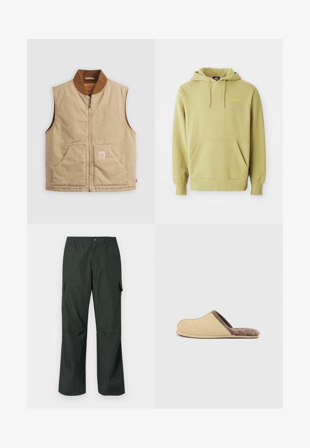 Beige ærmeløs lynlåsvest med brun ribbet krave og to frontlommer, der har et lille mærke på den højre lomme.; Lys grøn pullover hoodie med kængurulomme, snoretræk, ribbede manchetter og et lille gult "Dickies" logo på brystet.; Mørkegrøn cargo bukser med en afslappet pasform, elastisk talje, sydde lommer og en glat, let stofstruktur.; Beige slip-on hjemmesko med brun kant og blødt pelsfor, flad sål og lukket tå, set fra siden på ensfarvet lyst baggrund.