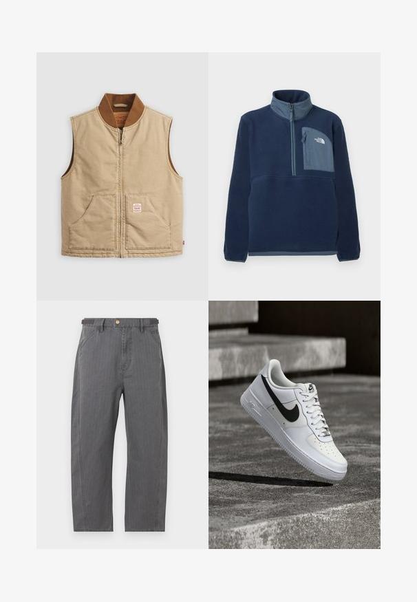 Beige ärmellose Zip-Weste mit braunem Rippkragen und zwei Fronttaschen, mit einem kleinen Patch-Label auf der rechten Tasche.; Marineblaue Fleecejacke mit halbem Reißverschluss, Stehkragen und einer verschließbaren Brusttasche mit The North Face-Logo auf einem hellblauen Panel.; Graue Hose mit geradem Bein, vorderen Taschen, Gürtelschlaufen und einem Messing-Knopfverschluss, dargestellt vor weißem Hintergrund.; Weißer Nike Air Force 1 Sneaker mit schwarzem Swoosh, geschnürten Schnürsenkeln, schwebend in der Luft über einer strukturierten Betonoberfläche im Freien.