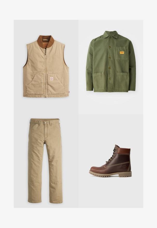 Gilet sans manches couleur beige avec col côtelé marron et deux poches avant, présentant une petite étiquette en patch sur la poche droite.; Veste verte olive en coton épais, avec un col pointu, des boutons à l'avant et deux grandes poches plaquées. Comprend un petit patch avec un logo.; Pantalon en coton kaki avec un design à jambe droite, poches avant et fermeture par bouton. Texture lisse et coutures renforcées pour une durabilité accrue.; Bottine en cuir marron à lacets, avec un col rembourré, des coutures contrastées et une semelle robuste, vue de l'extérieur sur un fond blanc.
