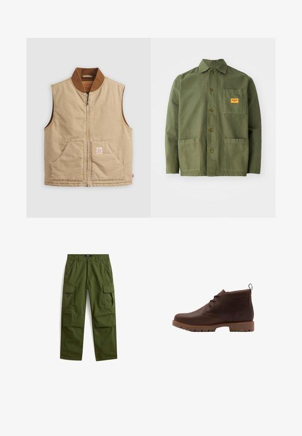 Beige ärmellose Zip-Weste mit braunem Rippkragen und zwei Fronttaschen, mit einem kleinen Patch-Label auf der rechten Tasche.; Olivgrüne Jacke aus schwerem Baumwollmaterial, mit spitzem Kragen, Knöpfen auf der Vorderseite und zwei großen aufgesetzten Taschen. Mit einem kleinen Logo-Patch versehen.; Olivgrüne Cargohose mit zwei Fronttaschen, zwei Oberschenkeltaschen mit Klappe, Gürtelschlaufen und Knopf- sowie Reißverschluss.; Braune Leder-Ankle-Boots mit abgerundeter Zehenpartie, Schnürdesign und strukturiertem Gummisohle mit Profil für besseren Halt. Enthält eine Rückenschlaufe.